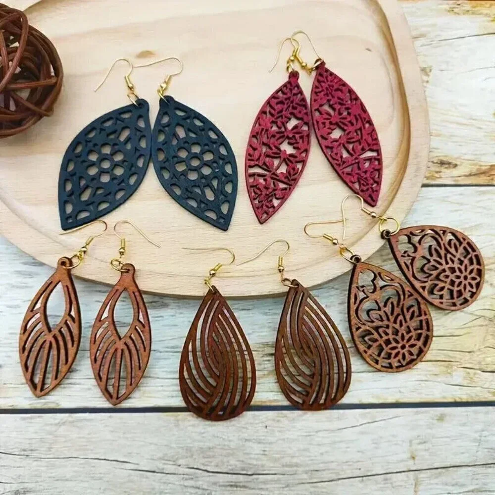 WOOD Cut Out Earrings Filagree Unique Artistic LIGHTWEIGHT Dangle Jewelry